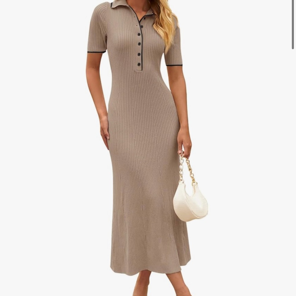 Elegant Tan Ribbed Polo Dress